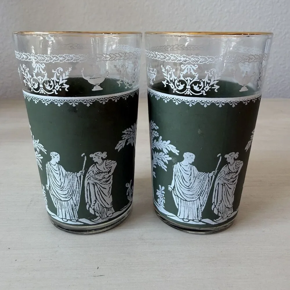 Set of 2 Vintage Jeanette Juice Glass Green Hellenic Jasperware Style Gold Rim